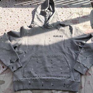 AMIRI Distressed Grey Hooded Sweatshirt With Paint Splatter Design
